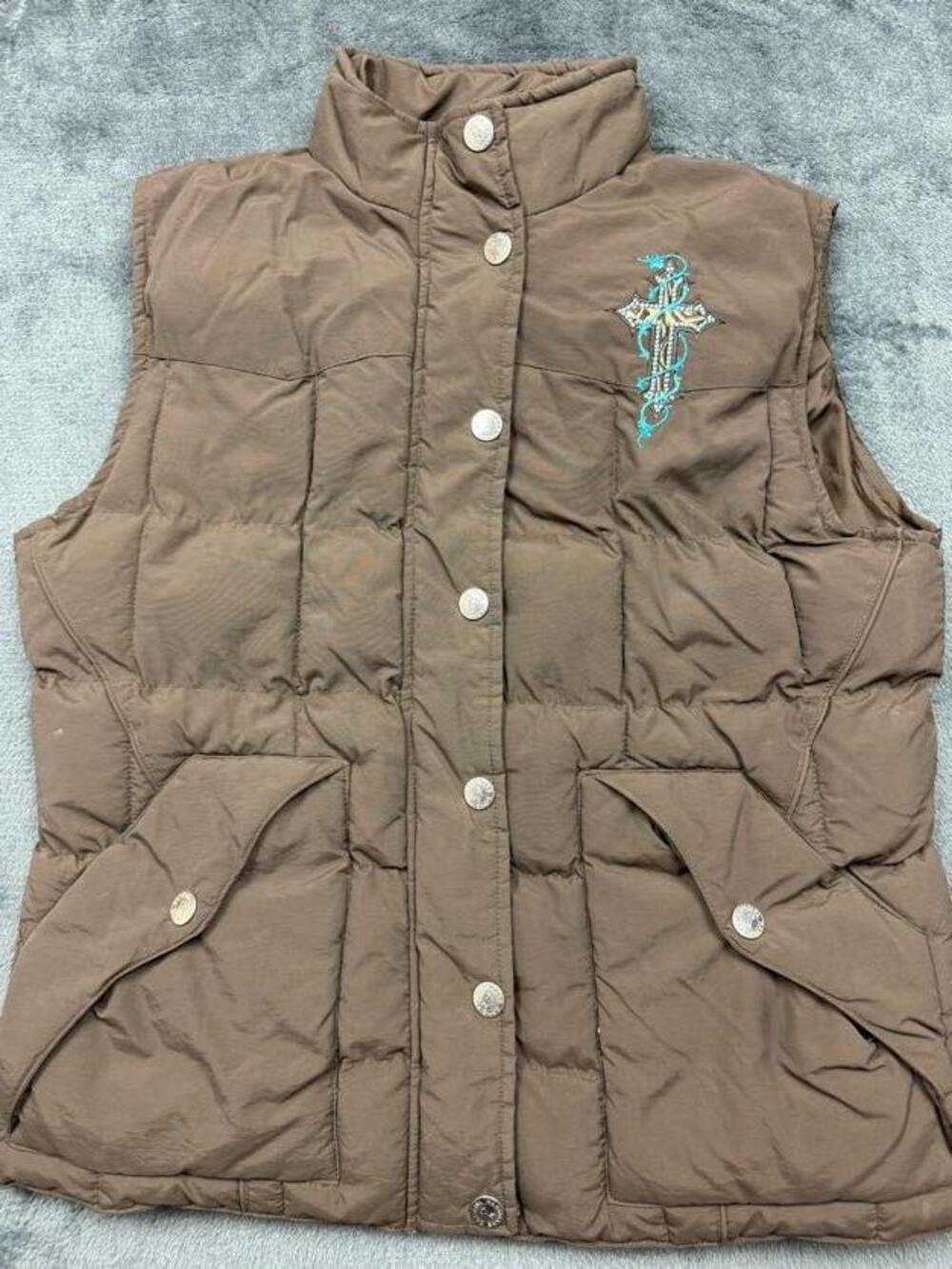 Cowgirl Hardware Vest Womens M Brown Quilted Puffer Cross Rhinestone Western